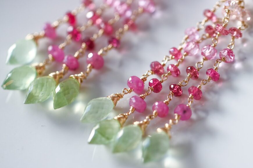 Pink Tourmaline and Pink Sapphires Long Tassel Earrings with Green Prehnites