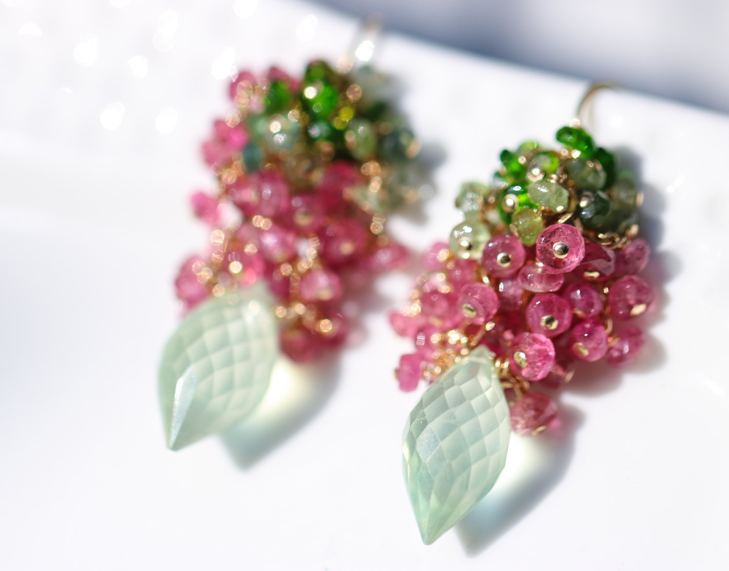 Pink Tourmaline with Green Prehnites Gemstone Cluster Earrings in Gold Filled