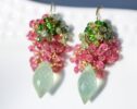 Pink Tourmaline with Green Prehnites Gemstone Cluster Earrings in Gold Filled