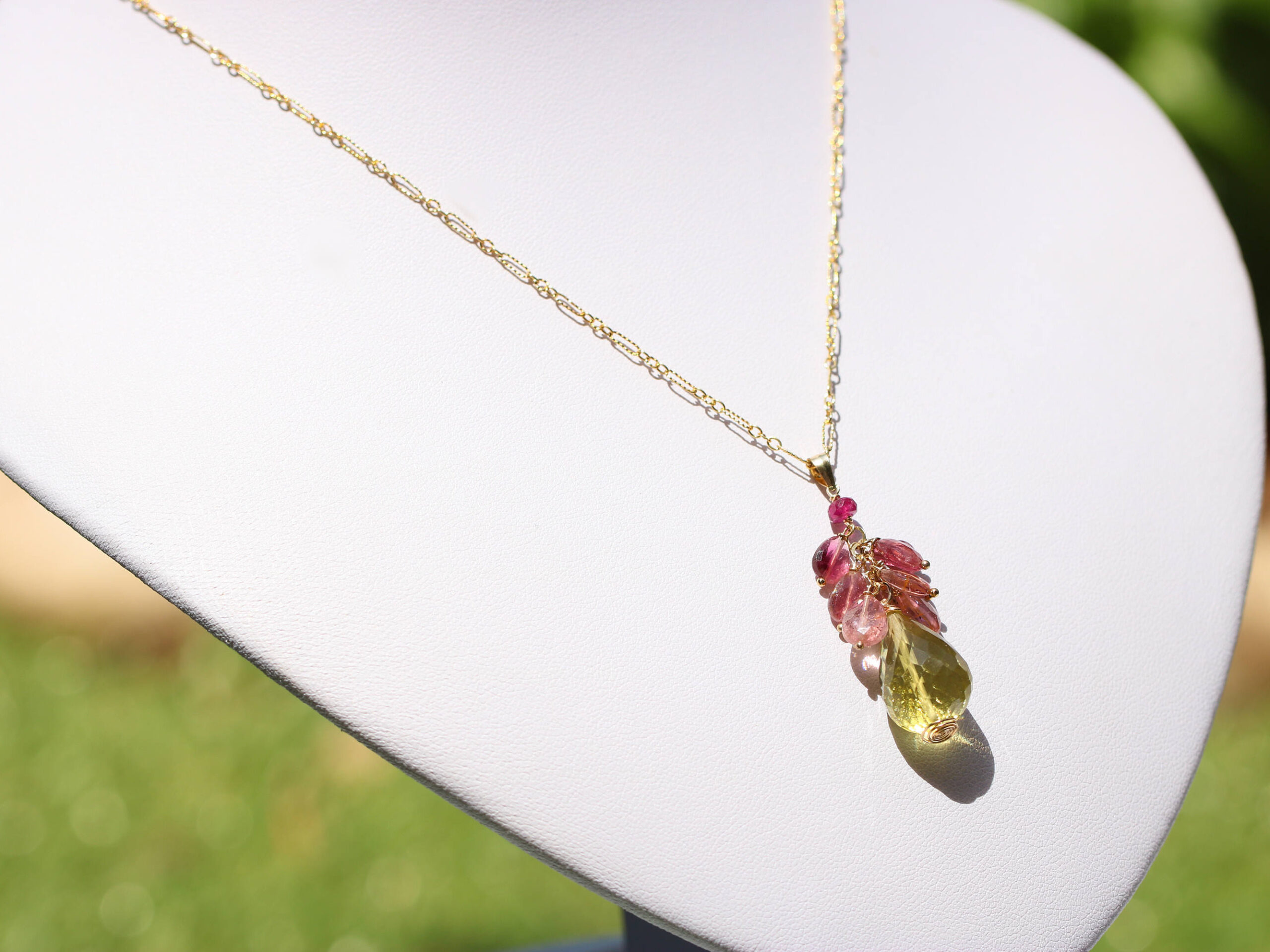 Pink Tourmaline with Lemon Quartz Pendant Necklace in Gold Filled