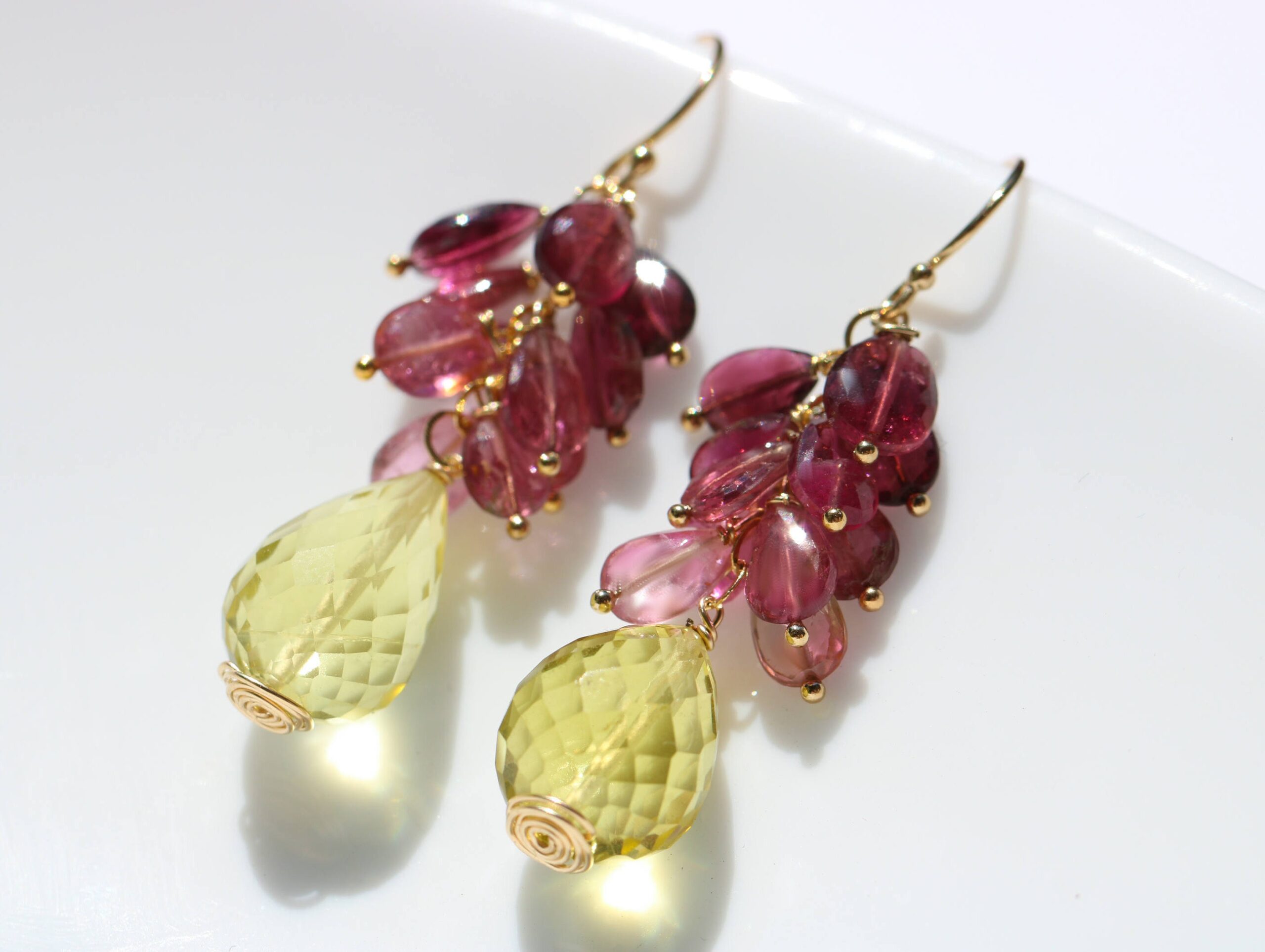 Pink Tourmaline with Lemon Quartz Small Cluster Earrings in Gold Filled
