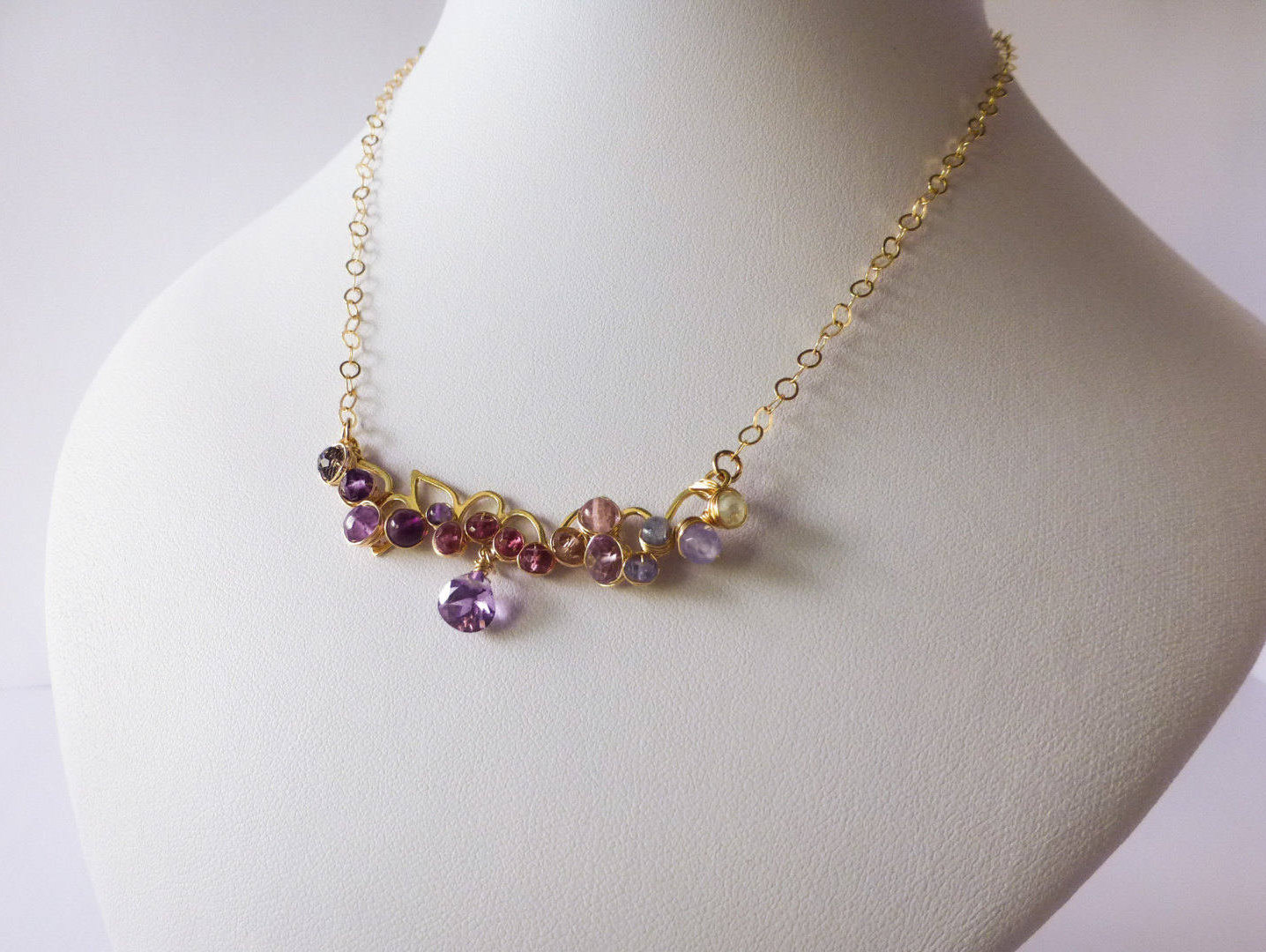 Purple Amethyst and Pink Spinel Wire Wrapped Gold Filled Statement Bar Necklace