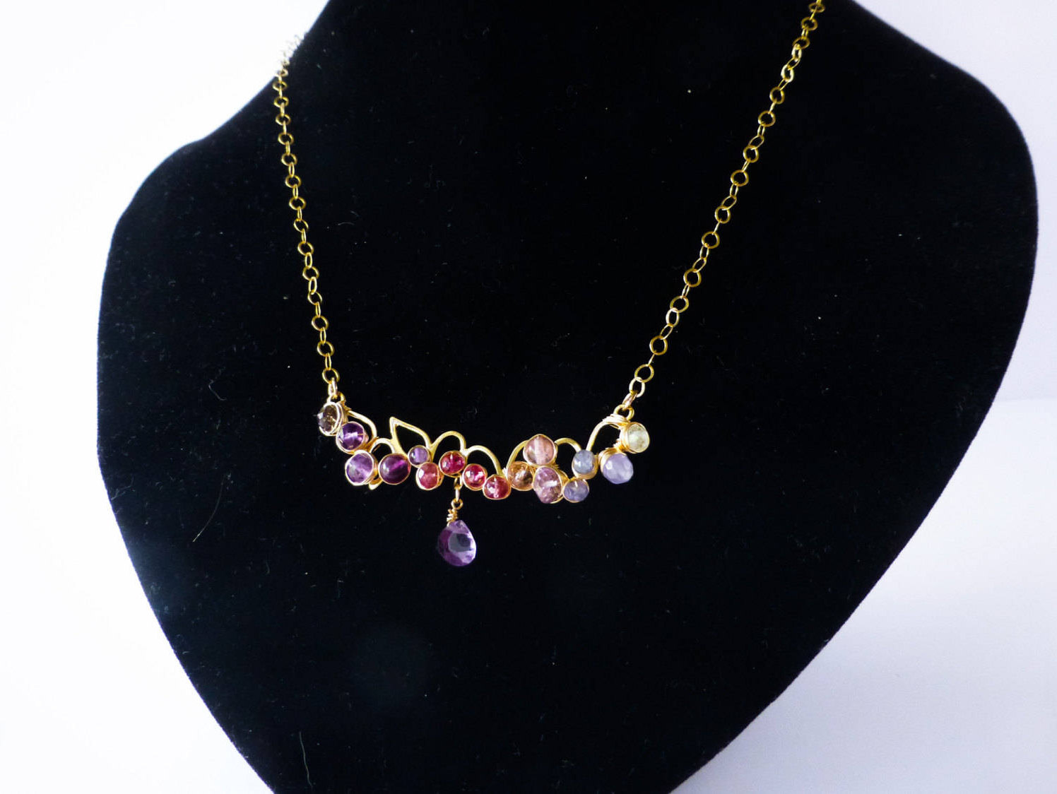 Purple Amethyst and Pink Spinel Wire Wrapped Gold Filled Statement Bar Necklace