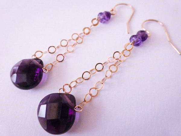 Purple Amethyst Quartz Gold Dangle Earrings