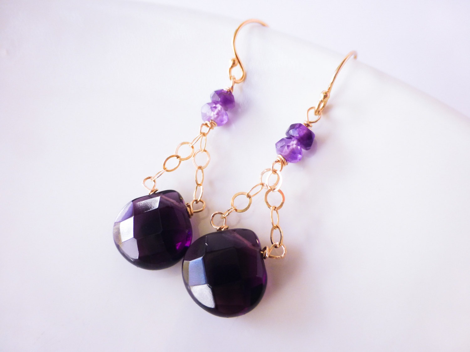 Purple Amethyst Quartz Gold Dangle Earrings