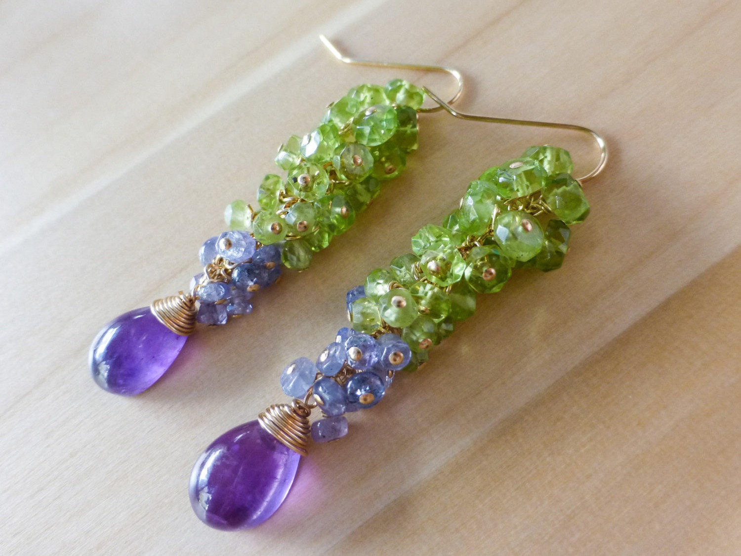 Purple Amethyst, Tanzanite and Green Peridot Cluster Earrings