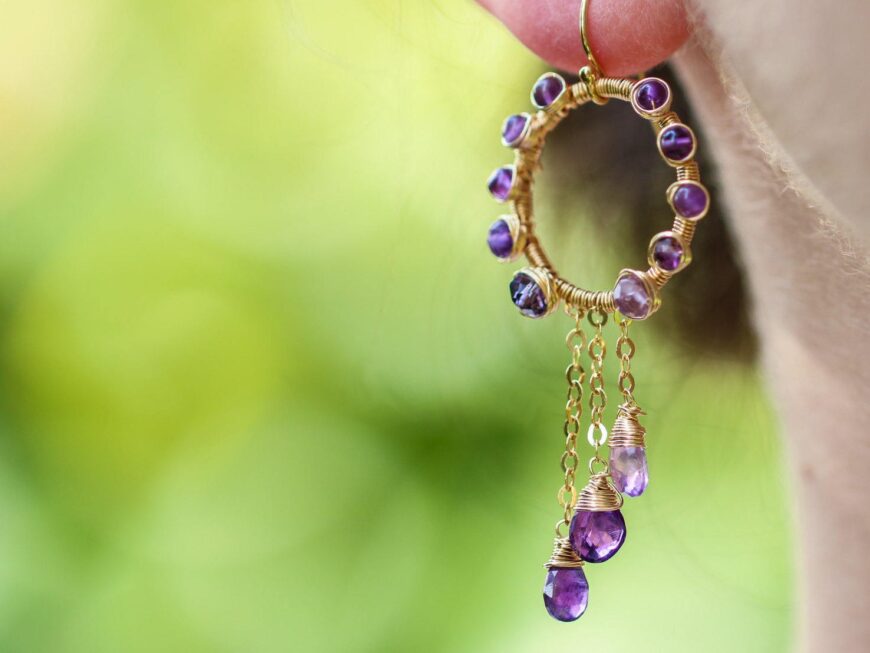 Purple Amethyst Wire Wrapped Gold Filled Dangle Hoop Earrings