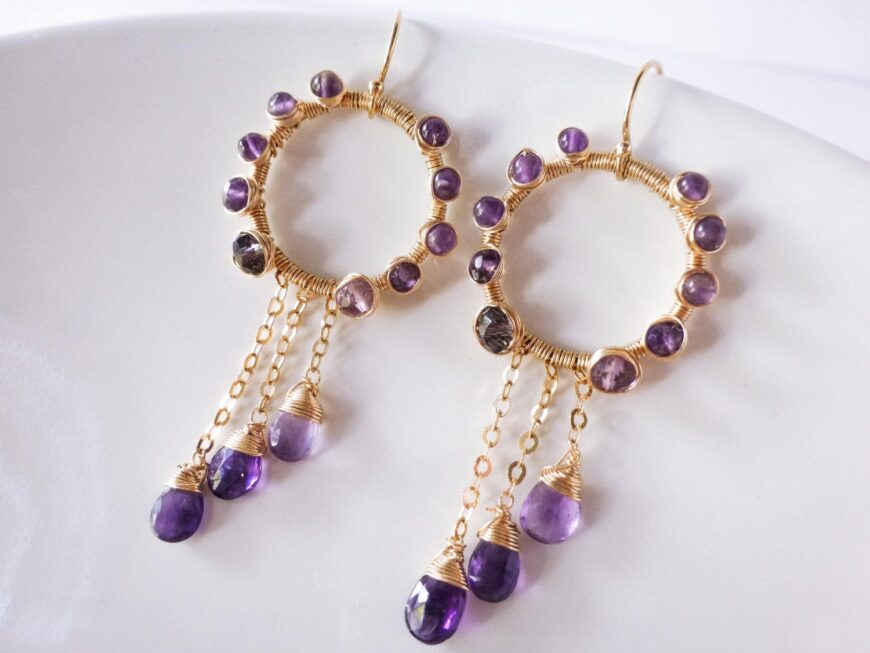 Purple Amethyst Wire Wrapped Gold Filled Dangle Hoop Earrings