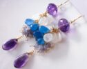 Purple Amethyst with Rainbow Moonstone Cluster Dangle Earrings in Gold Filled
