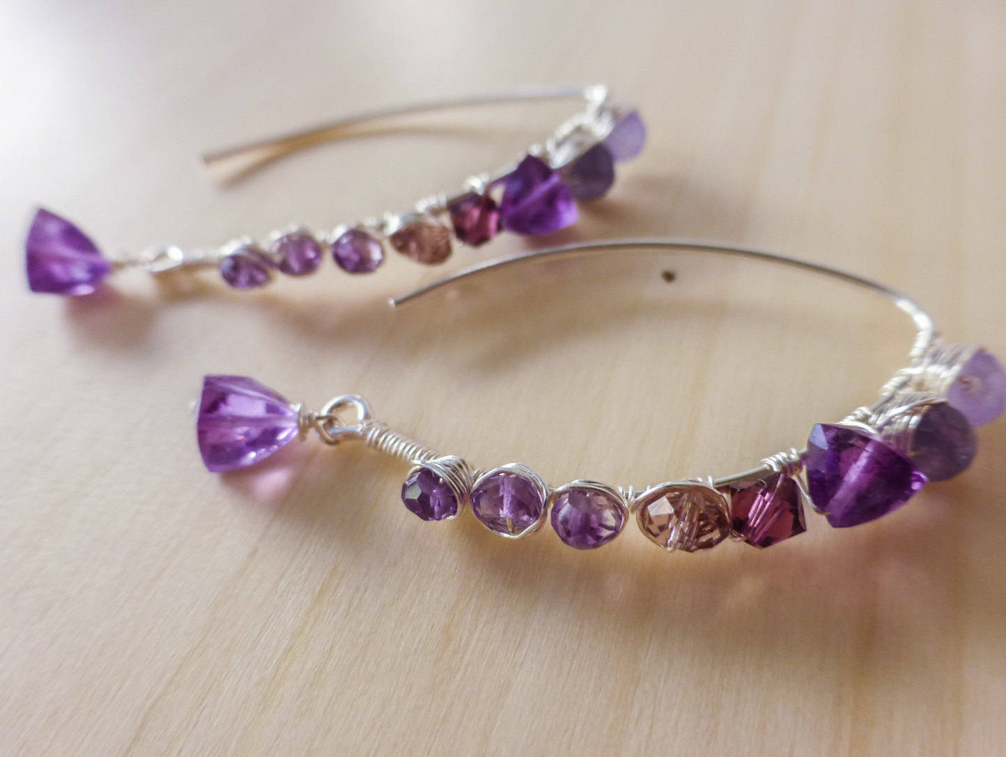 Purple and Pink Amethyst Wire Wrapped Silver Earrings