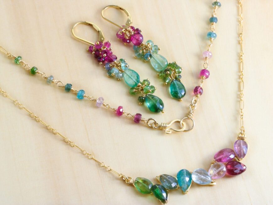 Purple, Pink, Blue and Green Tourmaline Bar Necklace Wire Wrapped in Gold Filled