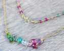 Purple, Pink, Blue and Green Tourmaline Bar Necklace Wire Wrapped in Gold Filled