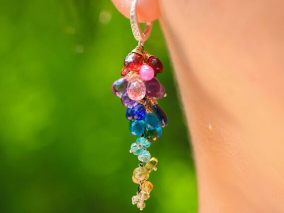 Rainbow Colorful Gemstone Cascade Earrings with Mixed Metals