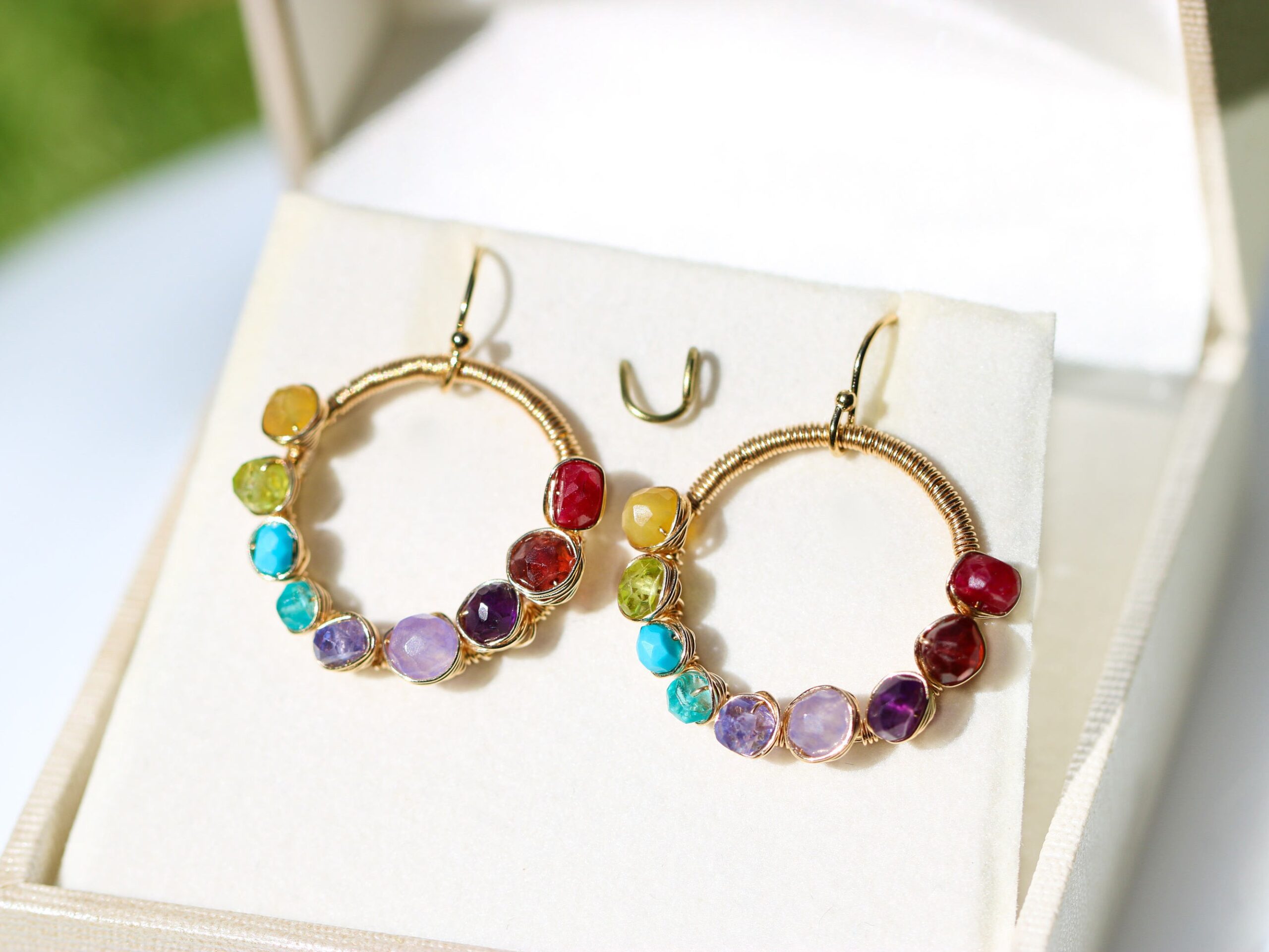 Rainbow Gemstone Bar Necklace and Rainbow Hoop Earrings, Jewelry Set