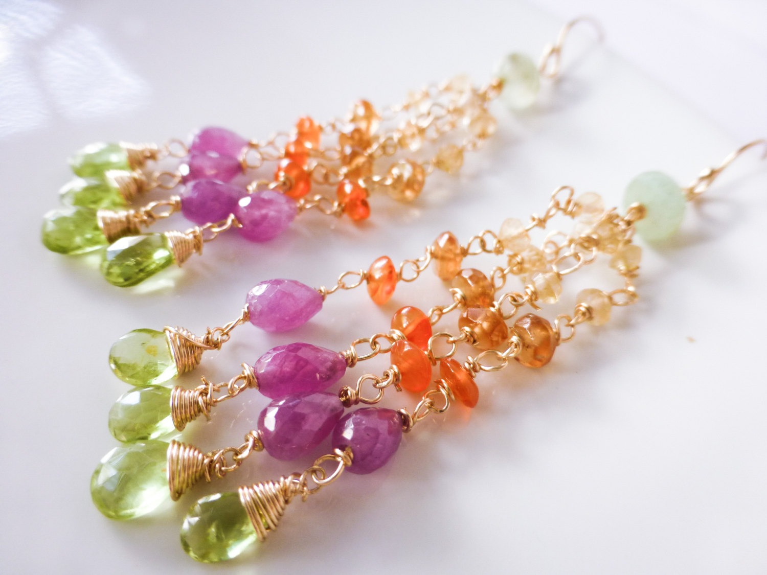 Rainbow Gemstone Tassel Earrings Wire Wrapped in Gold Filled
