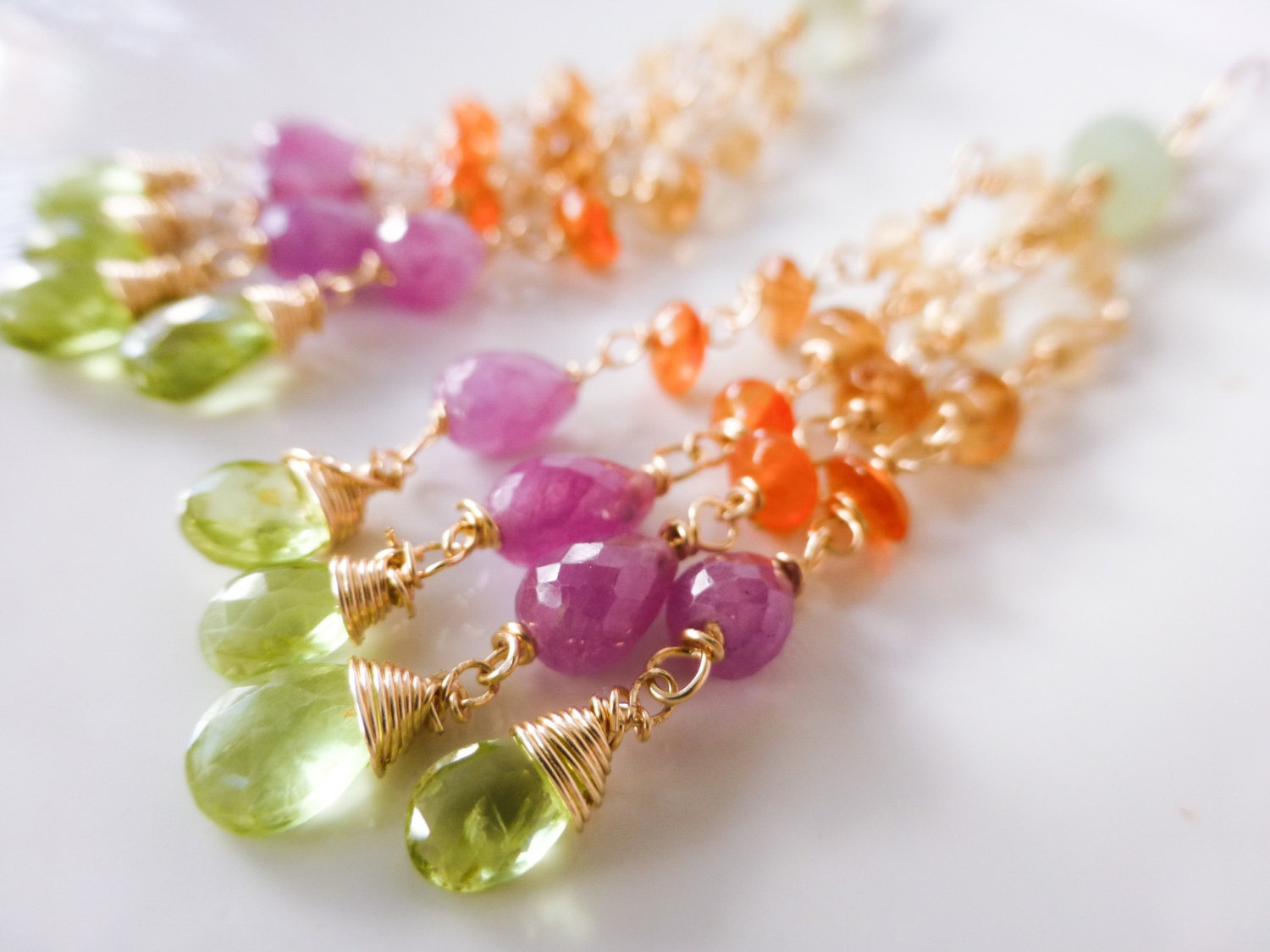 Rainbow Gemstone Tassel Earrings Wire Wrapped in Gold Filled