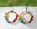 Rainbow Gemstone Wire Wrapped Hoop Earrings