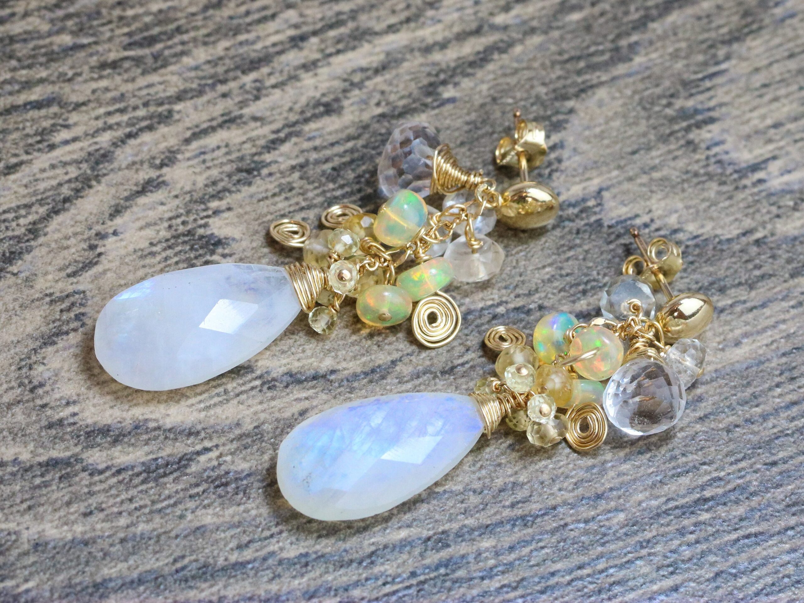 Rainbow Moonstone Dangle Earrings with Yellow Ethiopian Opal, Citrine and Aquamarine