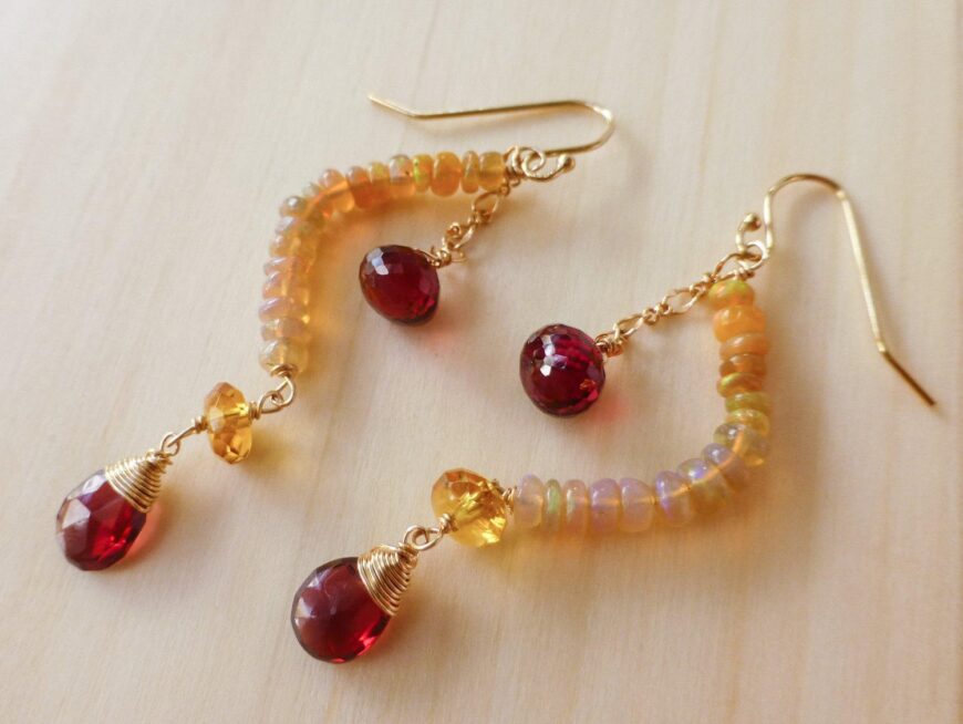 Red Garnet with Ethopian Opal Dangle Earrings in Gold Filled