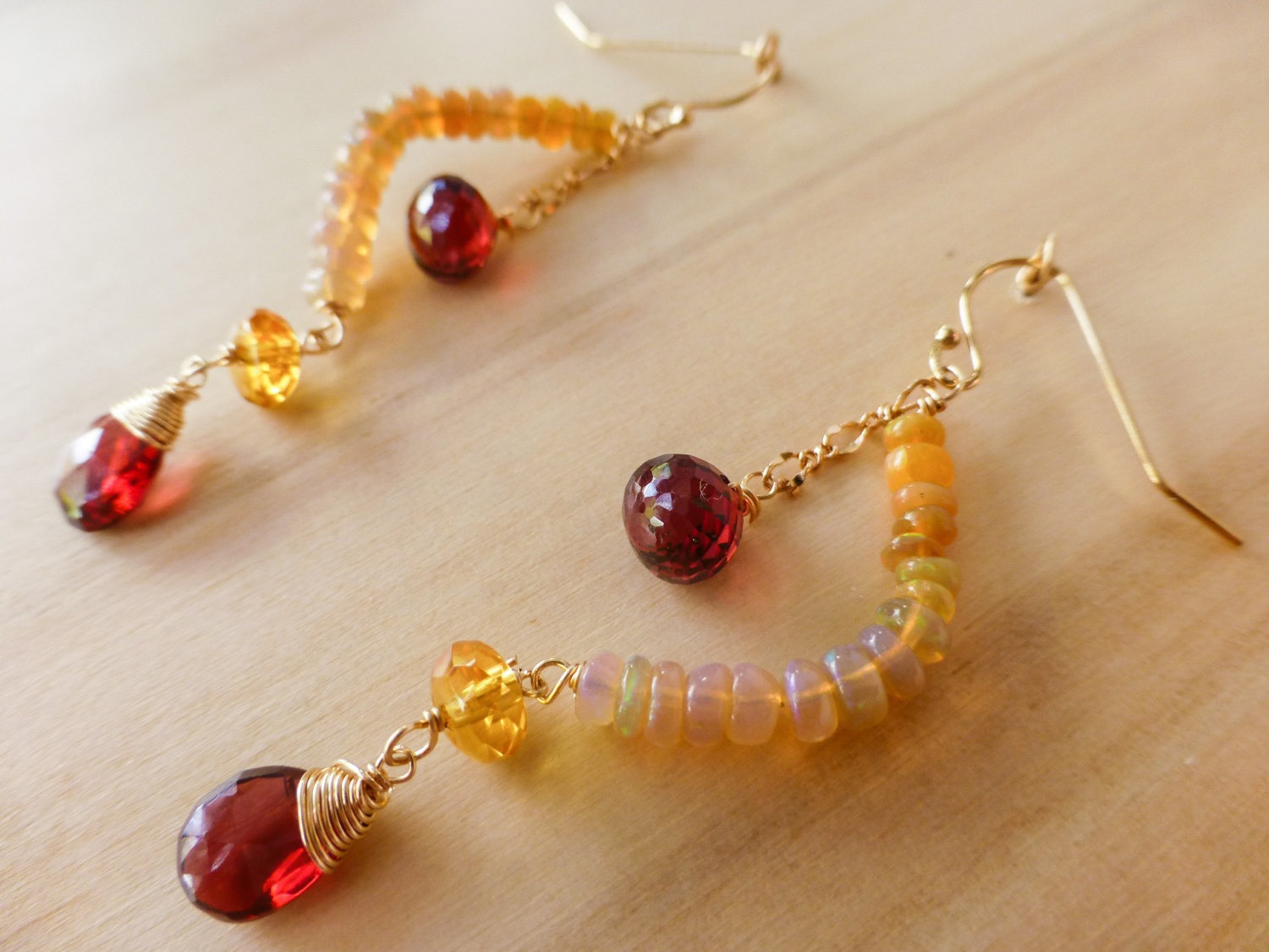 Red Garnet with Ethopian Opal Dangle Earrings in Gold Filled