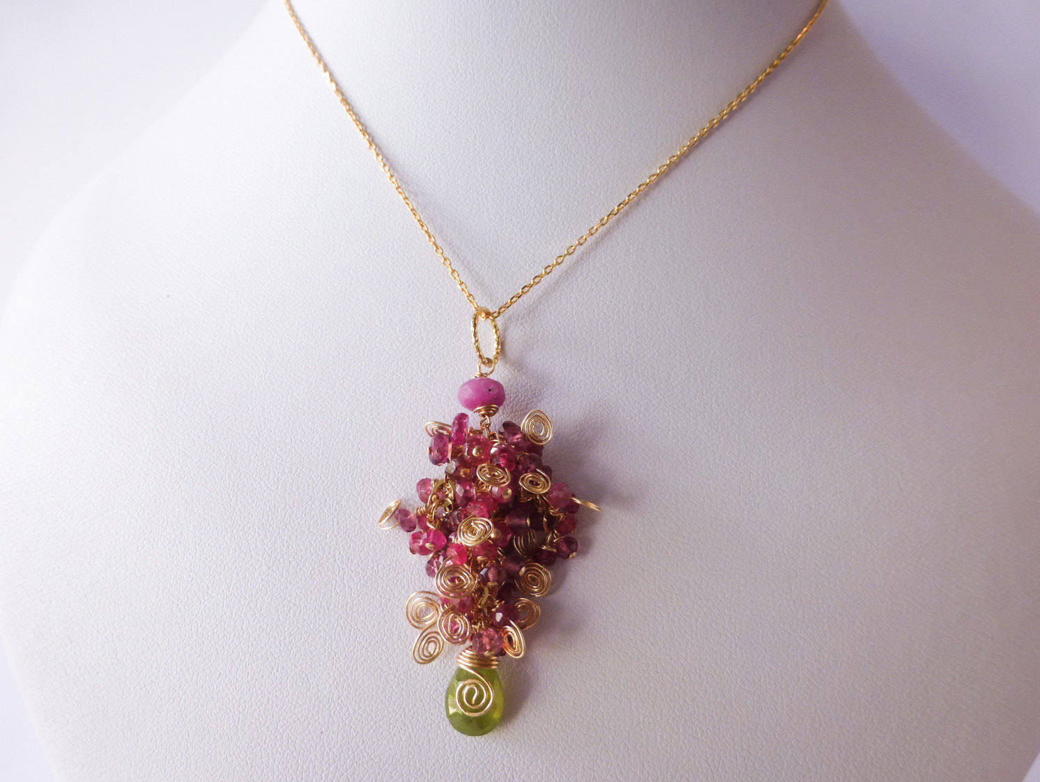 Red Pink Spinel Necklace with Vesuvianite and Pink Sapphire in Gold Filled