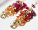 Red Ruby Cluster Dangle Earrings With Hessonite Garnet and Beer Quartz in Gold Filled