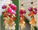 Red Ruby Cluster Dangle Earrings With Hessonite Garnet and Beer Quartz in Gold Filled