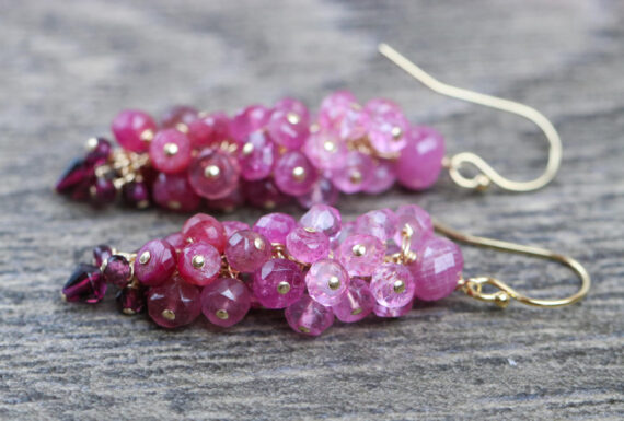 Red Ruby, Garnet, Pink Tourmaline, Pink Sapphires and Pink Topaz Cluster Earrings