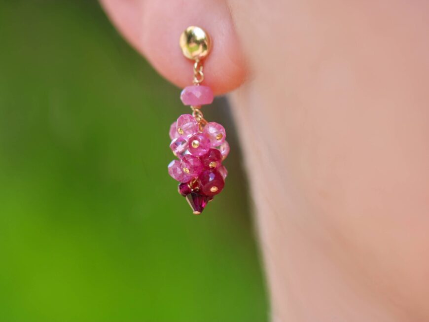Red Ruby, Garnet, Pink Tourmaline, Pink Sapphires and Pink Topaz Small Cluster Earrings