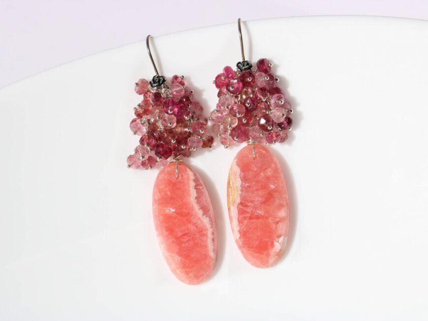 Rhodochrosite and Pink Tourmaline Silver Cluster Earrings, One of a Kind