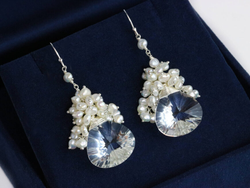 Rock Crystal Quartz with floating cascades of tiny Pearls, Statement Earrings