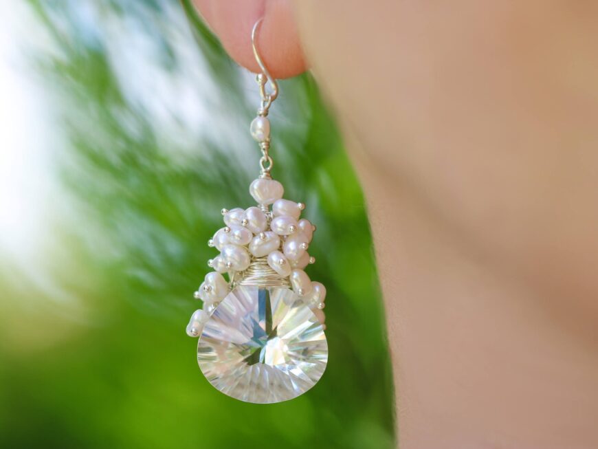 Rock Crystal Quartz with floating cascades of tiny Pearls, Statement Earrings