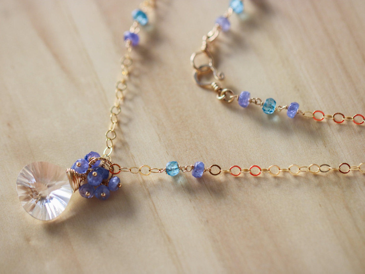 Rock Crystal with Blue Tanzanite and Topaz Gold Filled Statement Necklace