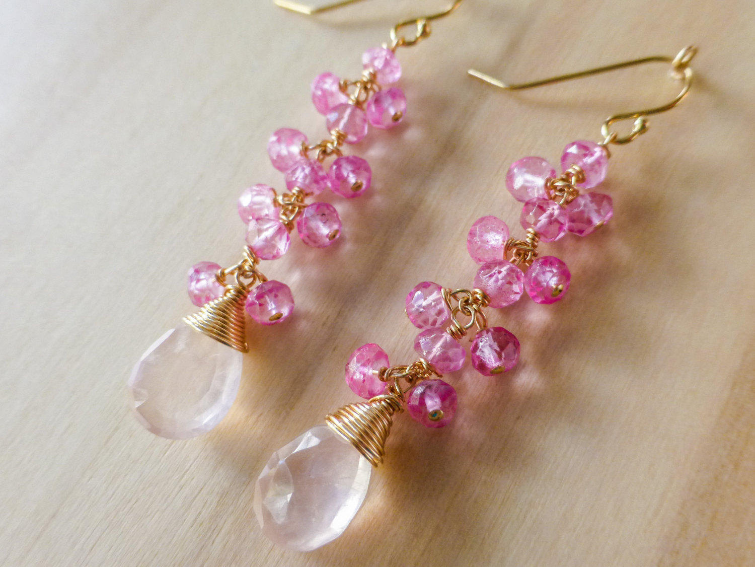 Rose Quartz and Pink Topaz Dangle Earrings in Gold Filled