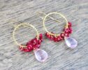 Rose Quartz and Red Ruby Small Cluster Earrings on Hoops