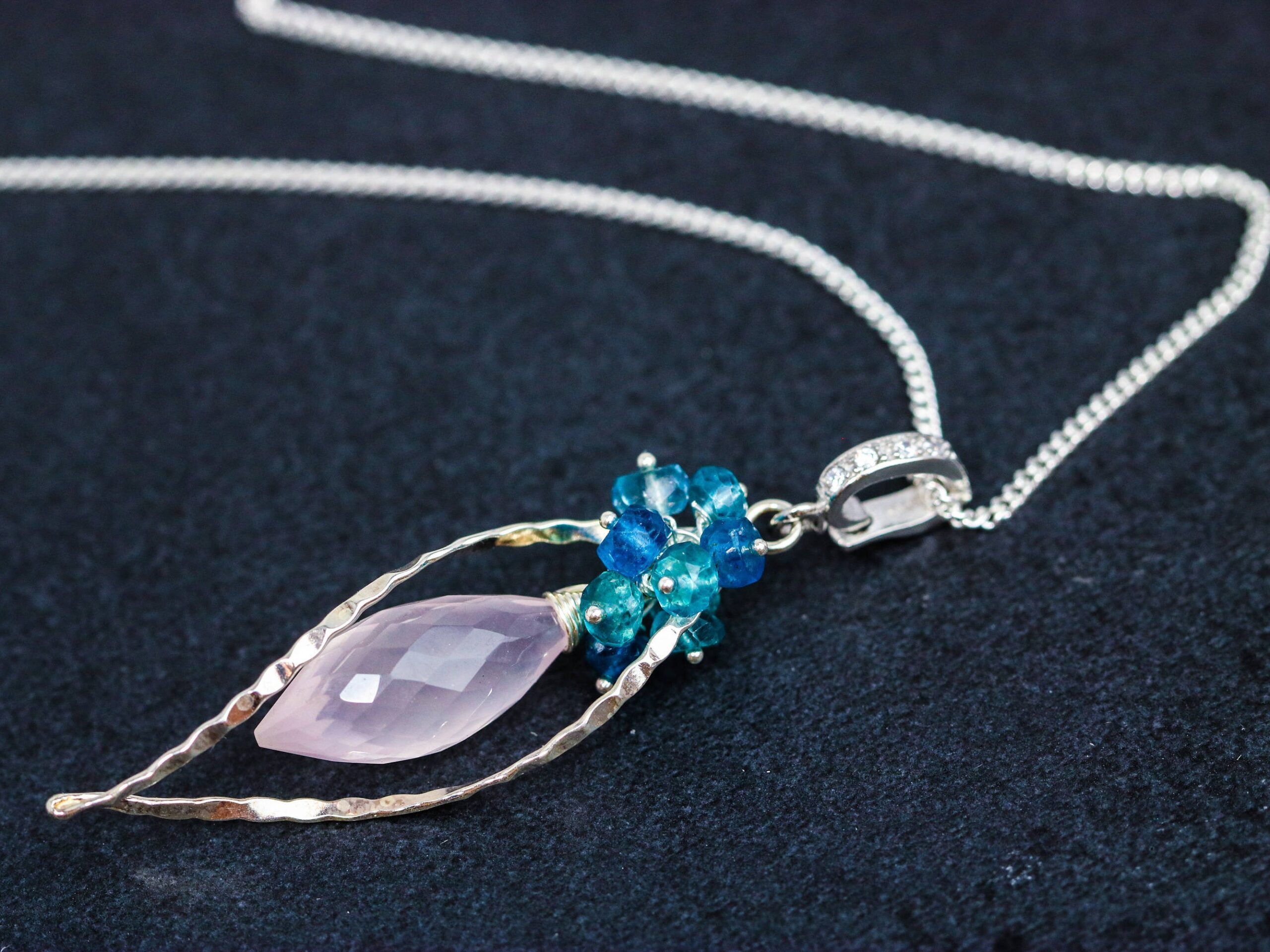 Rose Quartz, Neon Blue Apatite and London Blue Topaz Silver Pendant Necklace