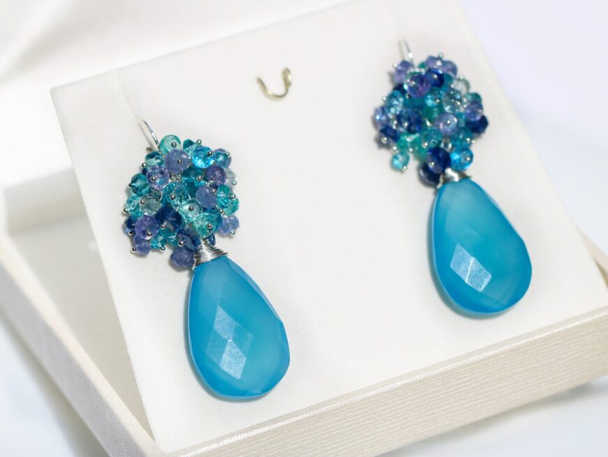 Sky Blue Chalcedony Cluster Earrings with Kyanite, Topaz, Tanzanite and Apatite