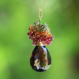 The Autumn Story Pendant – Smoky Quartz Long Pendant Necklace in Gold Filled with a Multi Gemstone Cluster