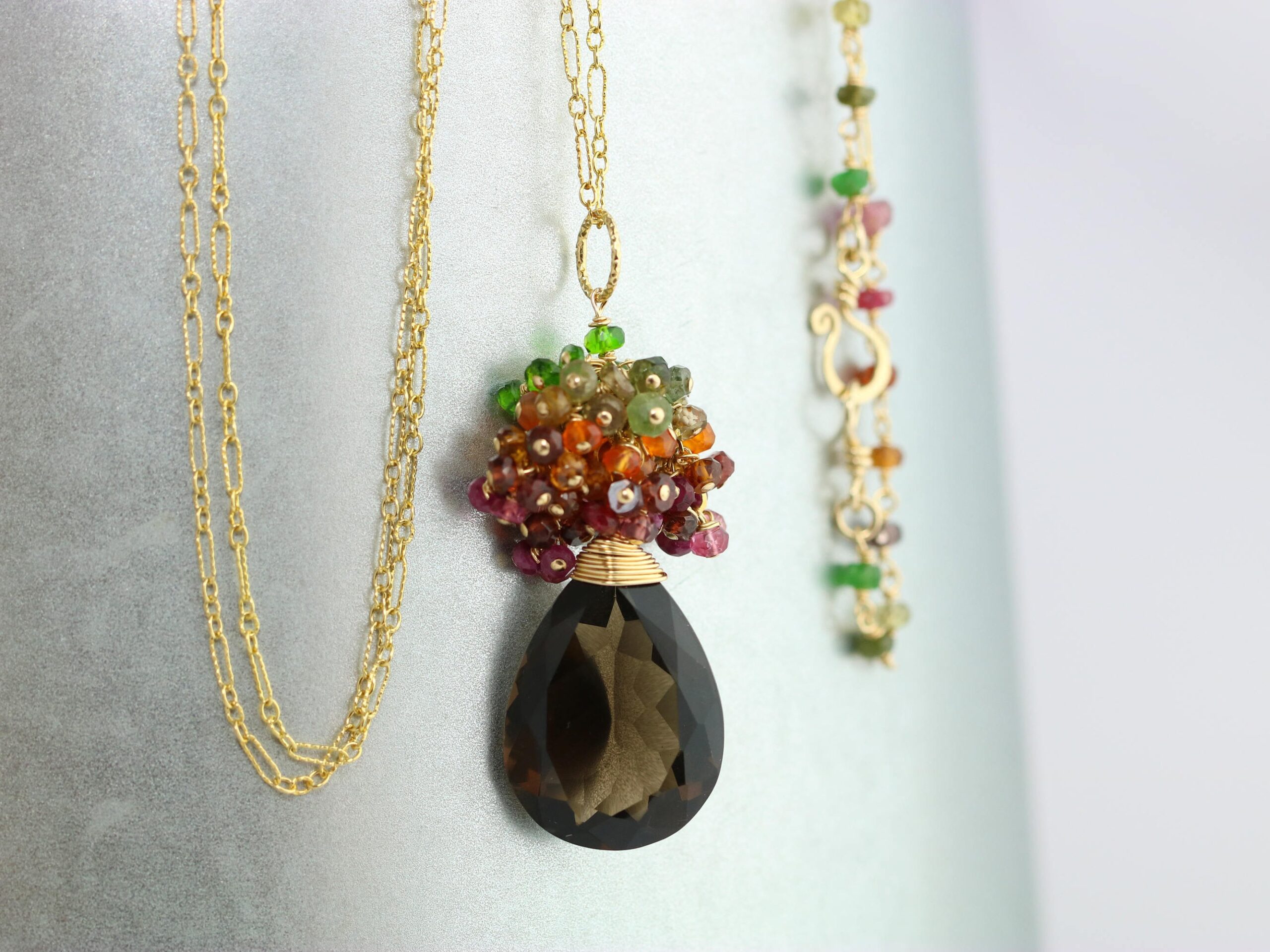 Smoky Quartz Long Pendant Necklace in Gold Filled with a Multi Gemstone Cluster