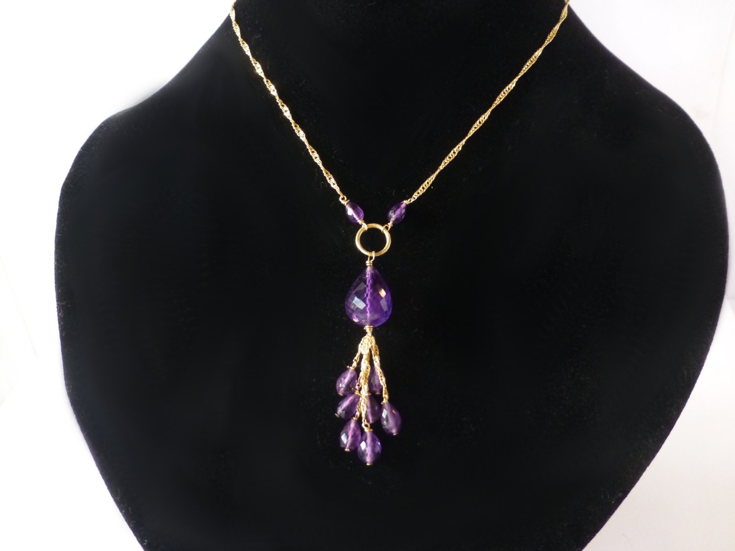 Statement Purple Amethyst Necklace with Gold Filled Tassel Chains