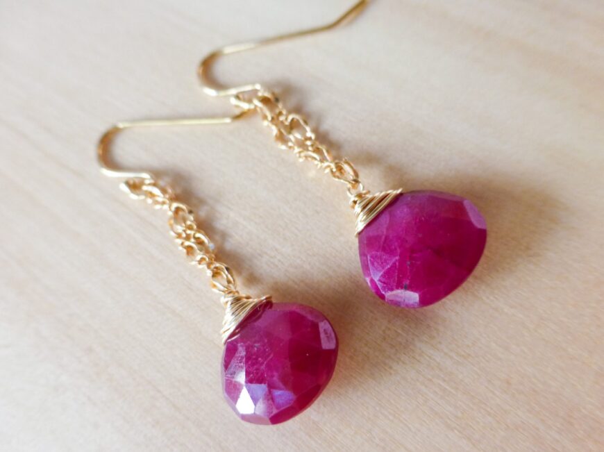 Pink Red Ruby Dangle Earrings in Gold Filled