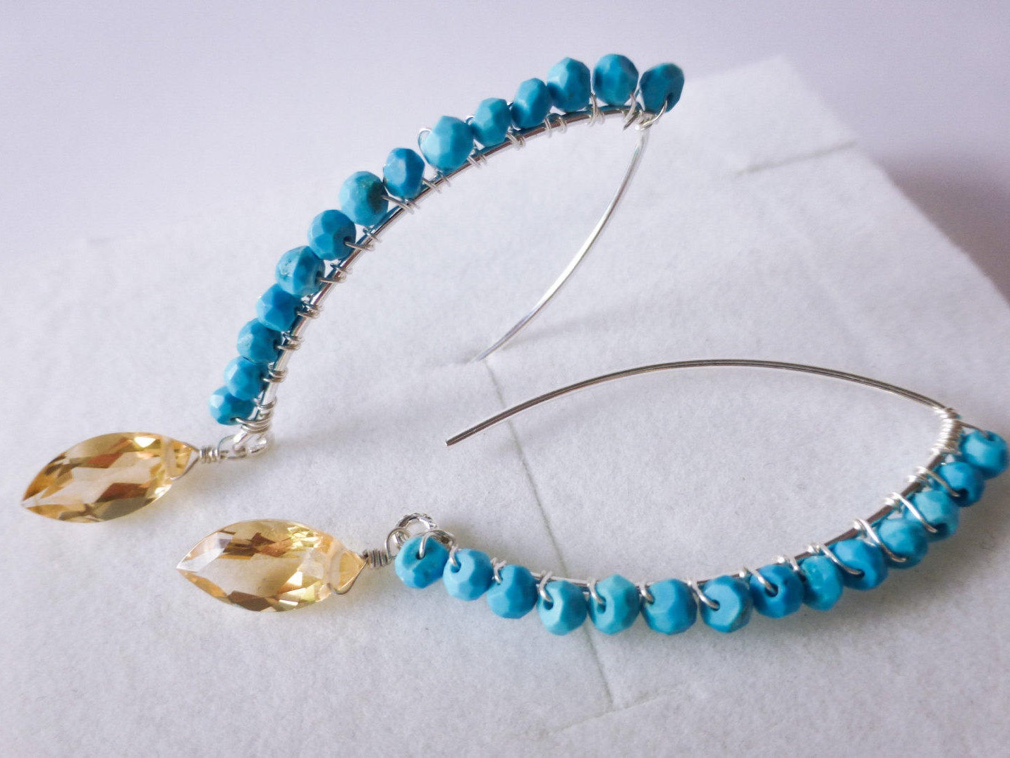 Turquoise Wire Wrapped Threader Earrings in Silver with Citrines