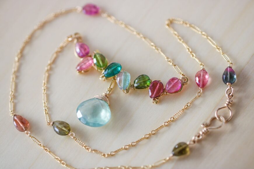 Watermelon Tourmaline Bar Necklace in Gold Filled
