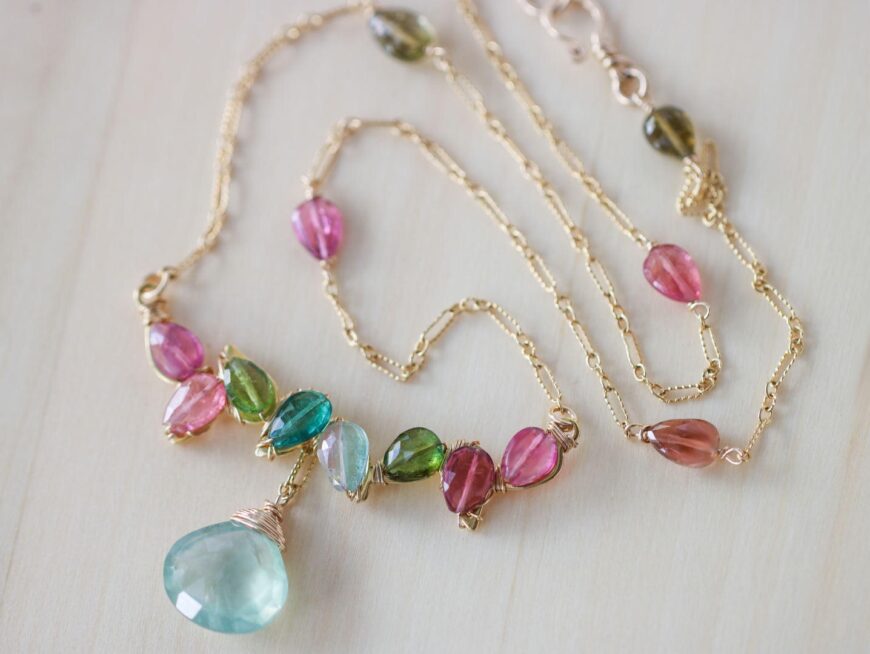 Watermelon Tourmaline Bar Necklace in Gold Filled