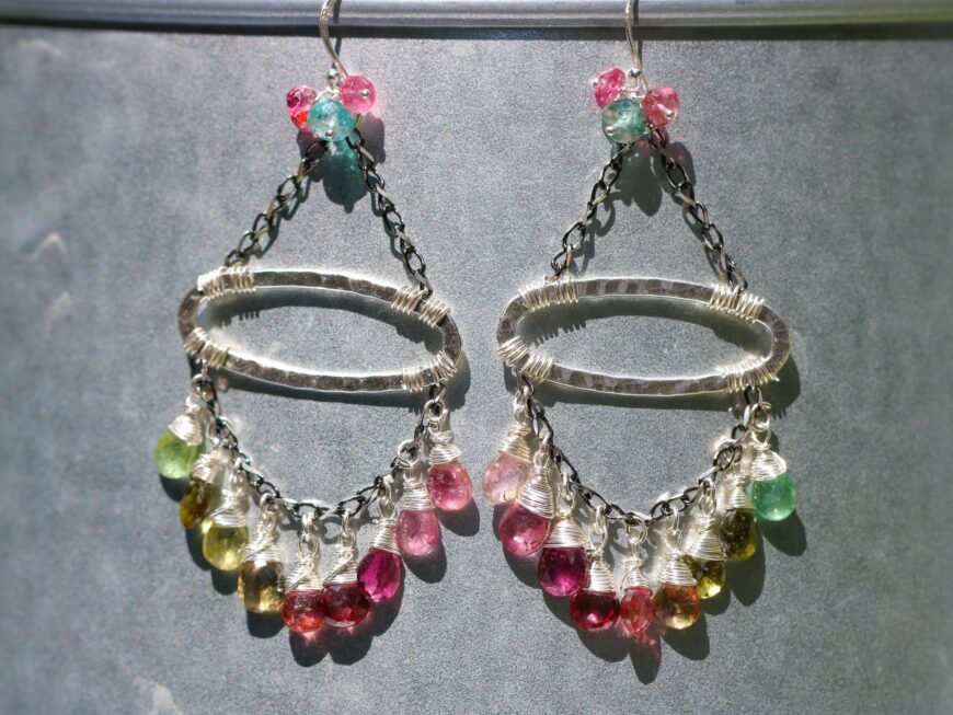 Watermelon Tourmaline Chandelier Earrings, Boho Style Gemstone Dangle Earrings in Silver