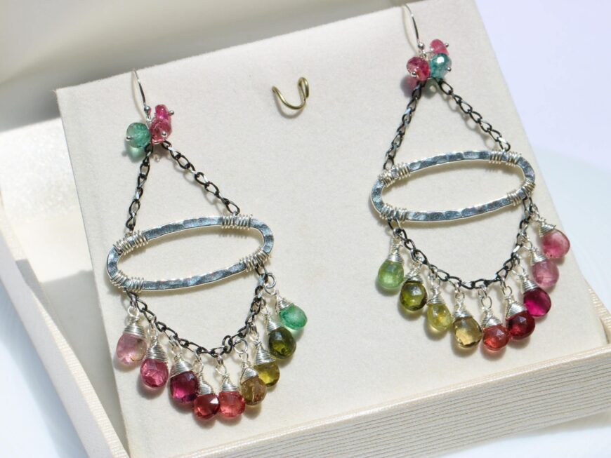 Watermelon Tourmaline Chandelier Earrings, Boho Style Gemstone Dangle Earrings in Silver