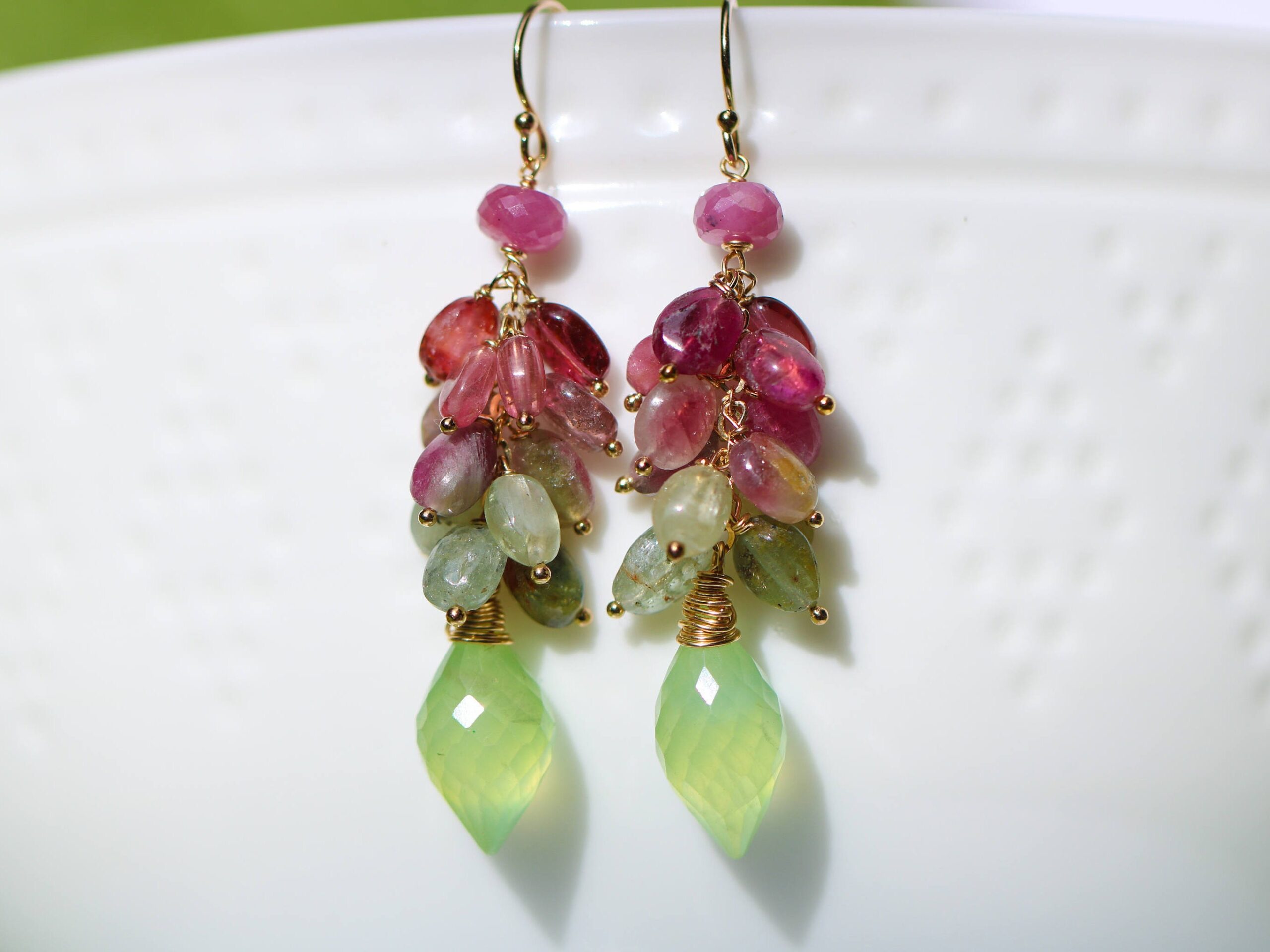 Watermelon Tourmaline Cluster Earrings with Prehnites in Gold Filled