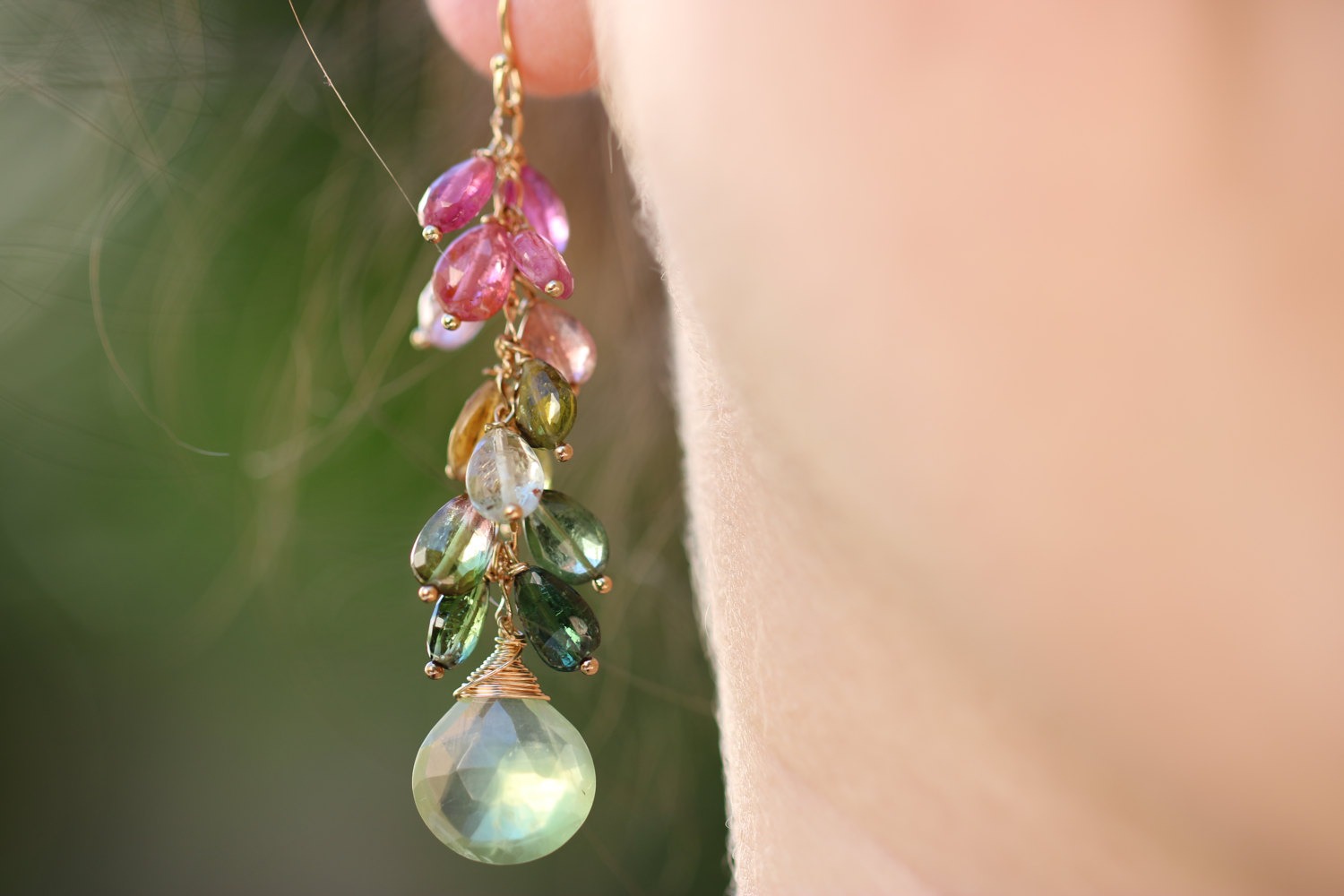 Watermelon Tourmaline Earrings in Gold Filled with Prehnites