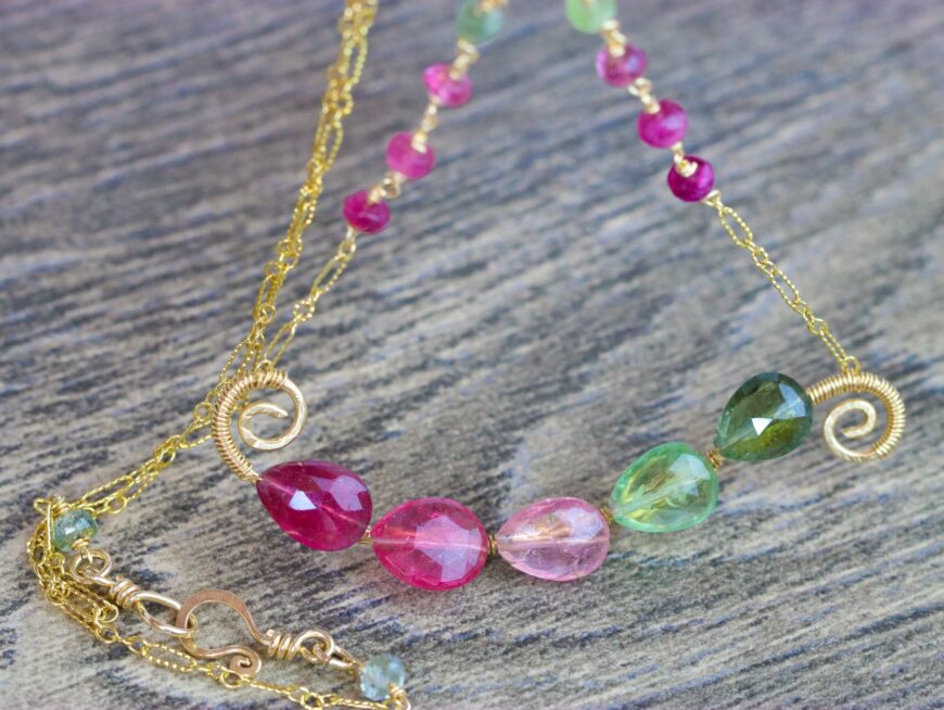 Watermelon Tourmaline Hammered Bar Necklace in Gold Filled