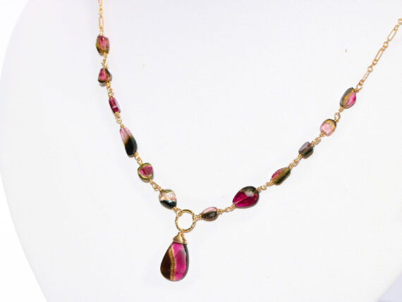 Watermelon Tourmaline Slice Necklace Wire Wrapped in Gold Filled, Statement Necklace One of a Kind